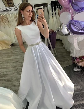 

Ruby Bridal 2020 Simple White Satin Wedding Dress A-line Bridal Gown Floor-Length Belt Beading свадебное платье Free Shipping