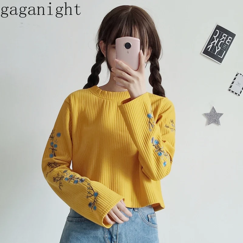 Gaganight вышивка цветок короткая футболка для женщин с длинным рукавом и круглым вырезом однотонные футболки для девочек студентов Повседневная Свободная верхняя одежда Топы шик