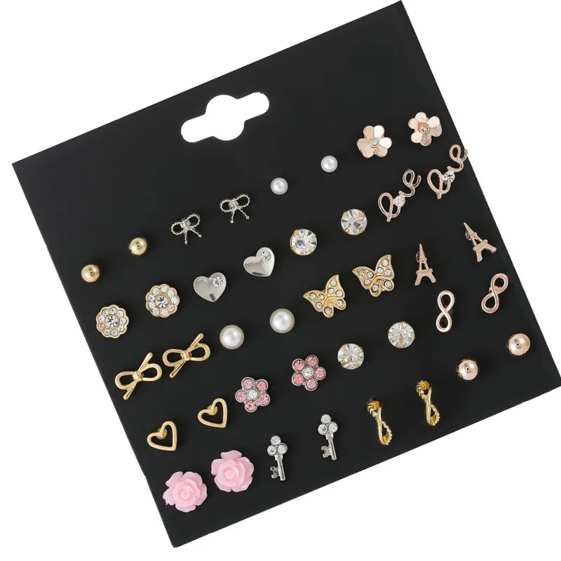 20Pair/Lot Korean Pearl Stud Earrings Set For Women Statement Ball Bow Butterfly Key Heart Flower Earring Gifts | Украшения и