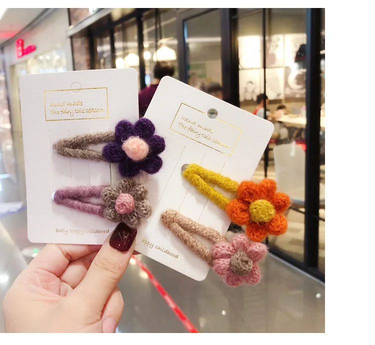 Children Cute Knitting Plush Flowers Hairpins Girls Colors Hollow Headbands Barrettes Hair Clips Kids Lovely Hair Accessories