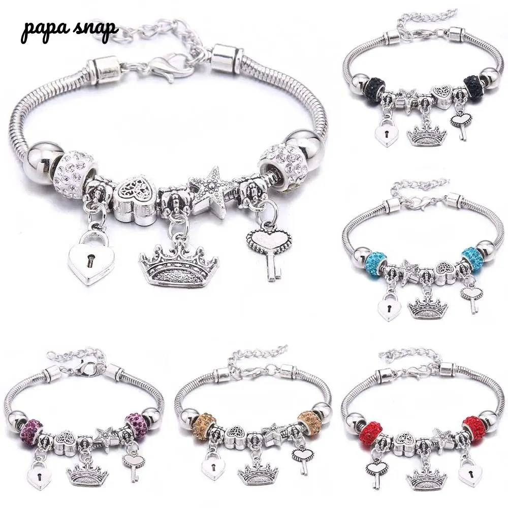 Antique Crown key lock Shape 6-colors crystal Charm Bracelets for Women Glass Beads Brand Bracelet & Bangle DIY Jewelry Gifts