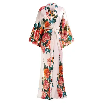 

Print Flower Kimono Bathrobe Gown For Young Lady Long Wedding Party Gift Satin Robe Summer New Home Clothing Plus Size 3XL-6XL