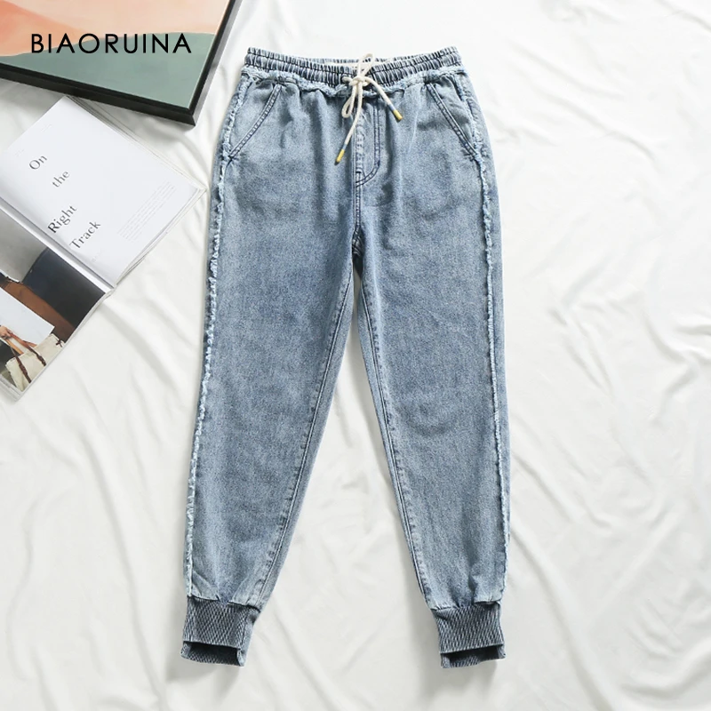

BIAORUINA Women's Washing Bleached Lace-up Elastic High Waist Denim Jeans Female Casual Pencil Jeans 2019 Autumn New Arrival