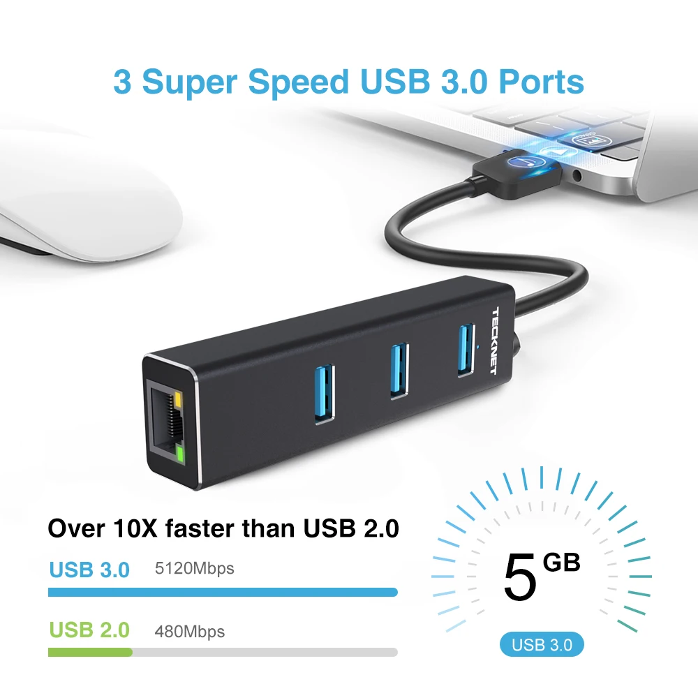 TeckNet USB 3,0 сетевой концентратор к Gigabit Ethernet RJ45 with10/100/1000 адаптер 3-Порты и разъёмы USB 3,0 концентратор Lan проводной сети высокой Скорость адаптер