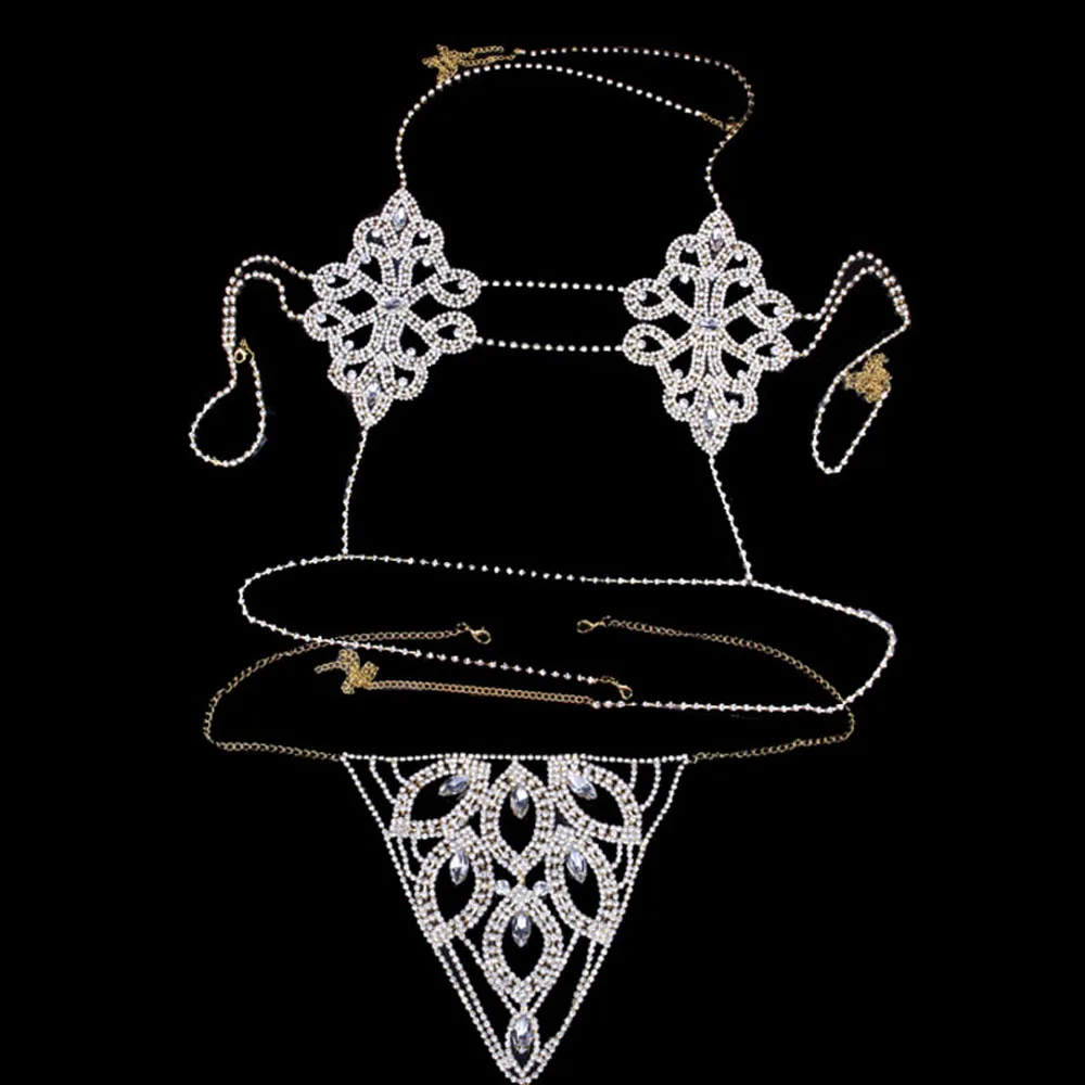 Set-Gold Stonefans, сексуальное нижнее белье, комплект с бюстгальтером, цепочка для тела со стразами для женщин, очаровательный бюстгальтер в форме цветка и стринги, набор, Кристальное белье, вечерние - Окраска металла: Set-Gold