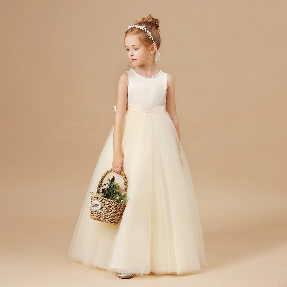 Kids Princess Dress Wedding Flower Girl Dress Children Prom Ball Gown Party Long Dress Sleeveless Bow Birthday Party Dress