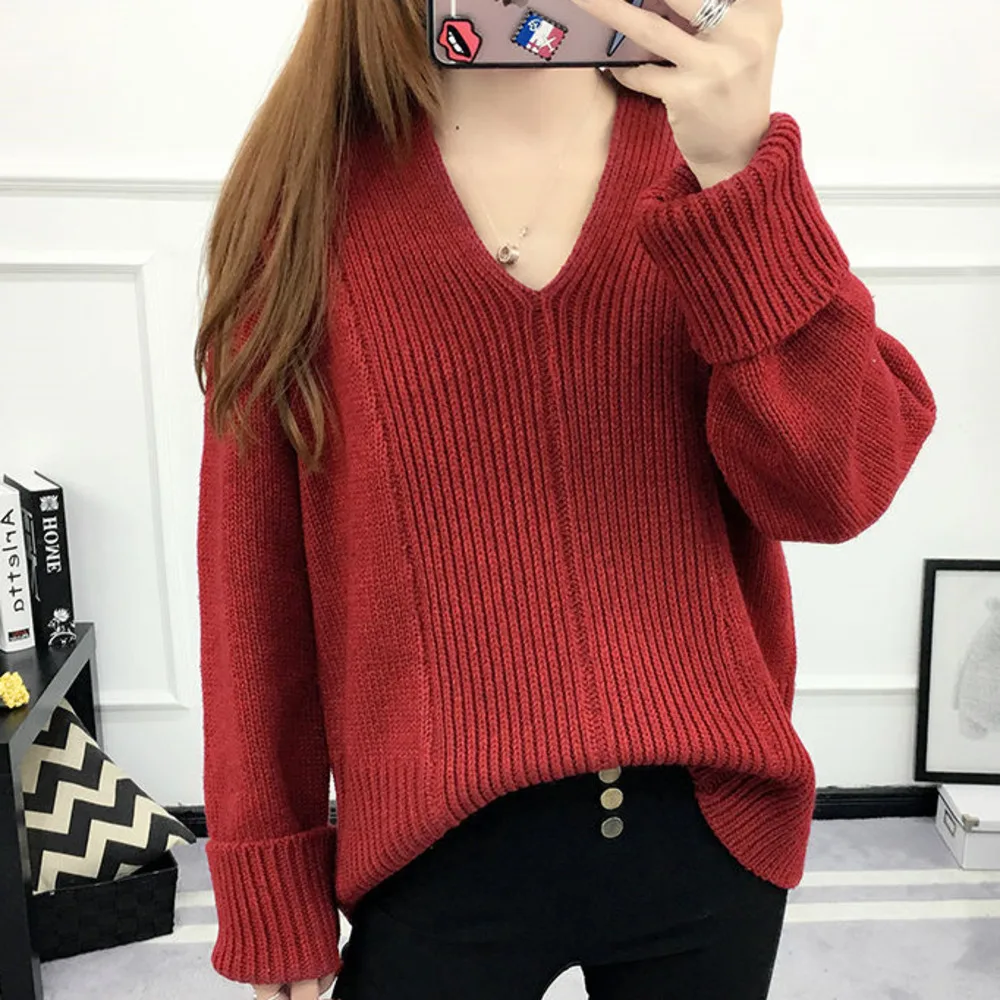 

V Neck Women Sweater Loose Oversize Knit Pullovers Basic Pink Color Sweater Bat Sleeve Casual Winter Clothes 2019 Pull Femme