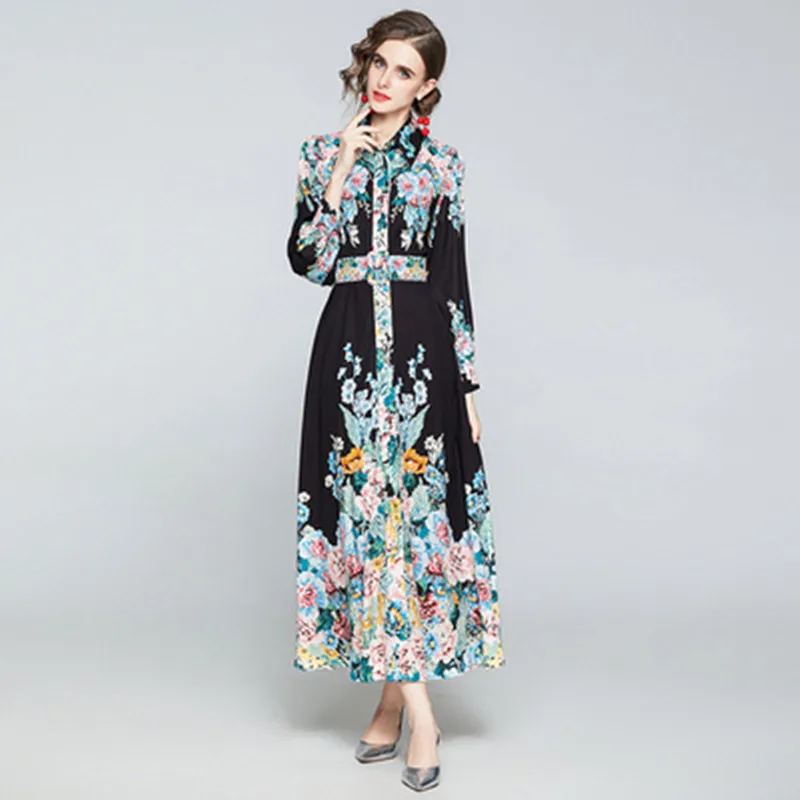 

Spring Runway High-End Flower Maxi Dress Women Elegant Lantern Long Sleeve Single Breasted Casual Printing A-Line Vestidos