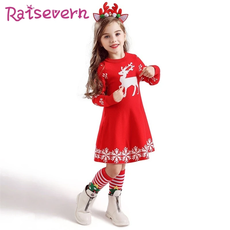 Raisvern/рождественское платье для девочек с оленем и снежинками повседневные