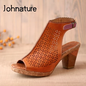 

Johnature Retro Women Sandals Genuine Leather Women Shoes 2020 New Summer Mixed Colors Buckle Strap Casual Sewing Ladies Sandals