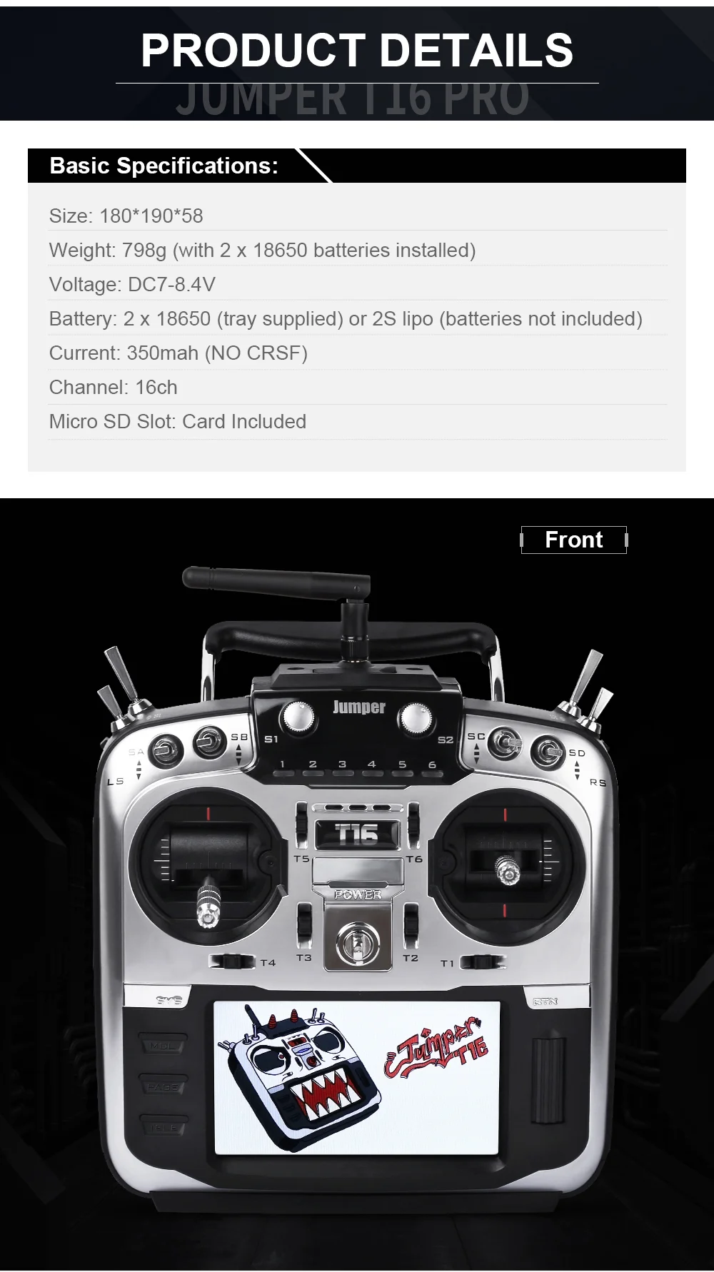 Jumper T16 Pro Hall Gimbal Open Source Multi-protocol Radio Transmitter JP4-in-1 RF Module 2.4G 16CH 4.3" LCD