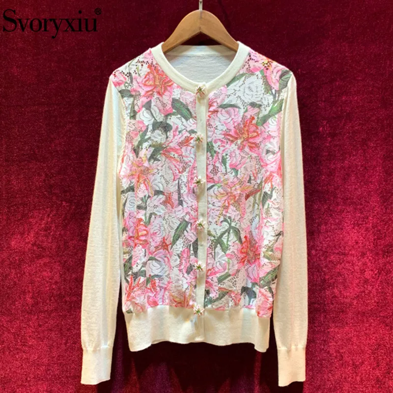 

Svoryxiu Runway Custom lily Flower Print Lace Patchwork Wool Knitting Cardigan Women's Elegant Long Sleeve Thin Sweater Coat Top
