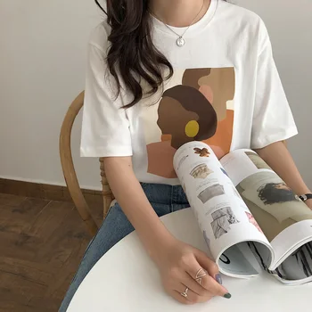

Harajuku Abstract Printed Cotton T Shirt Women 2020 Summer O Neck Pullover Casual Streetwear Korean Style Basic Female Pullover