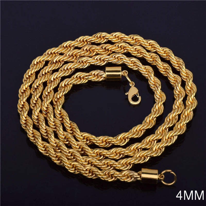 2021 Hot sale Retail Wholesale Long Gold-Color Man necklace 4mm 16,18,20,22,24,26,28,30 inch Twist Rope Chain jewelry accesory