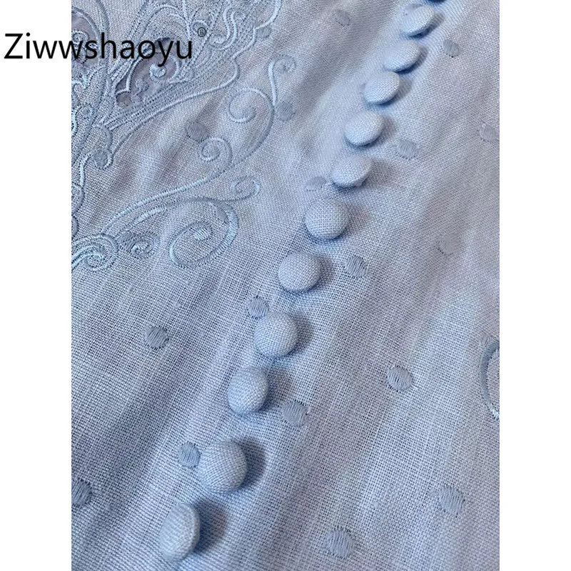 Ziwwshaoyu высокого класса бабочка точка вышивка хлопок лен синее платье женские фонари рукавом осенние вечерние модные платья