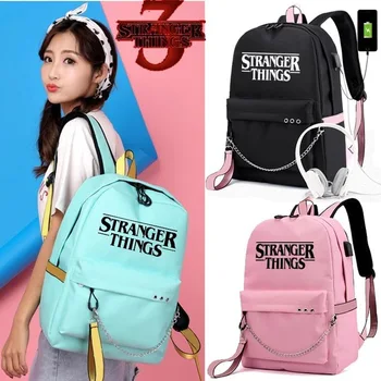 

casual preppy style women backpack large capacity Stranger Things 3 student school backpacks USB Charge Backpack Laptop Backpack