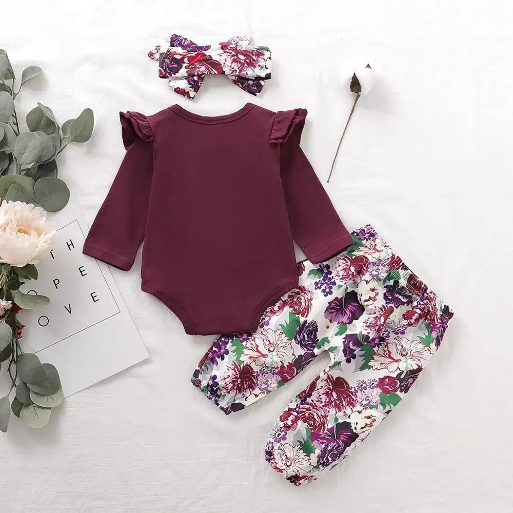 Baby Clothes Sets Fashion Solid Rompers Tops + Floral Pants + Headband Newborn Girls Outfits 3pcs Toddler Infant Clothing Cotton