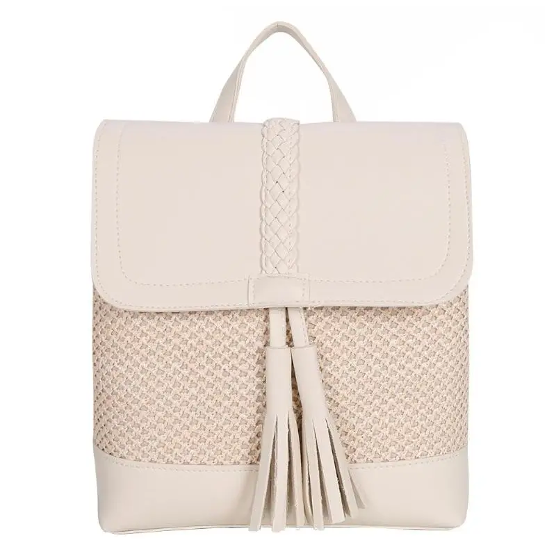 

Fashion Woven Backpack Women Summer Rattan Bag PU Straw Stitching Causal Backpack Tasseled Decoration Rucksack For Women