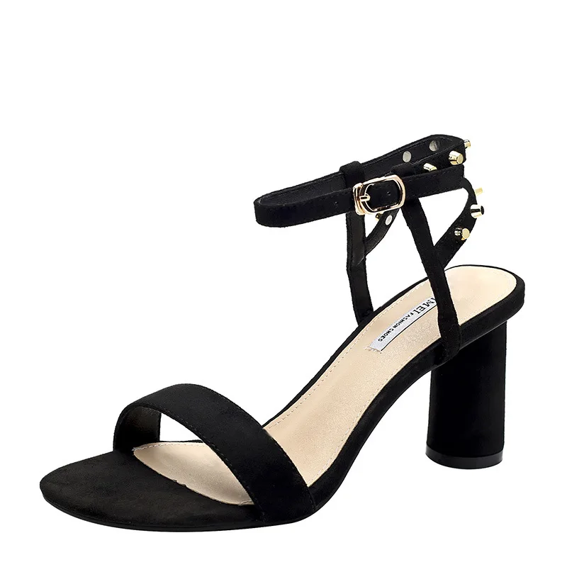 

9236-5 Versatile Simple Sandals 2019 New Style Elegant Rivet Straight-line Buckle-Style Chunky-Heel Versatile High Heel Shoes