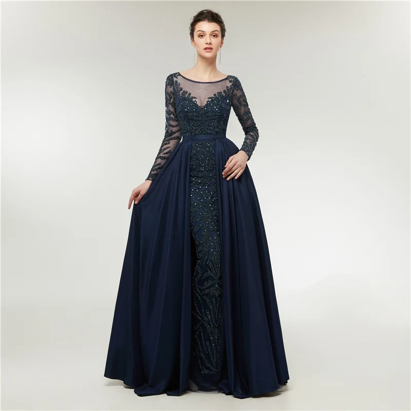 

Luxury Navy Beaded Evening Dresses Long Sexy See Through A Line Formal Dress Women Elegant Evening Party Dresses Plus Size 2019