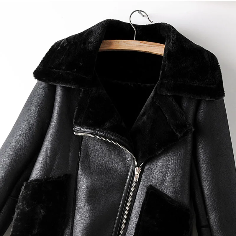 Very best 2019 Winter Lining with Velvet Zipper Korean Pilot Female Coat Black Warm Pu Faux Fur Lapel Long Sl