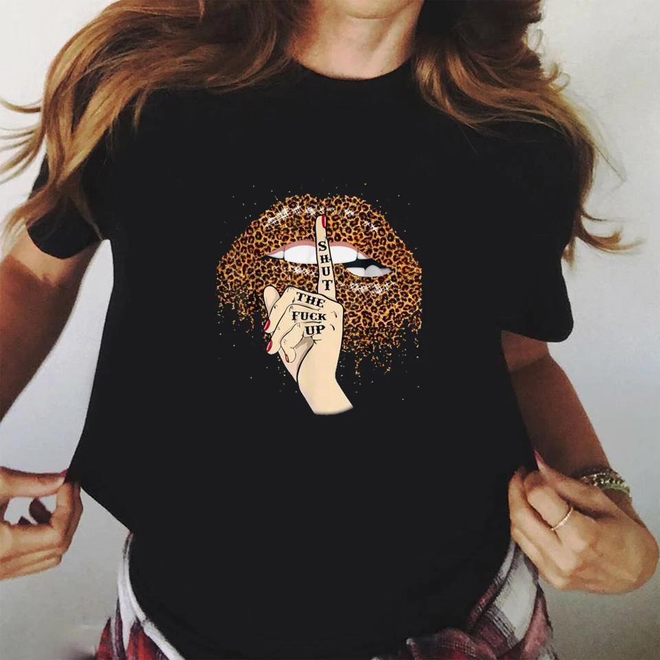 2020 Lips Leopard Graphic T Shirt lip Women Tops Shirt Base O-neck camisa leopard Black Tees Kiss Leopard Lip Funny Girls Tshirt
