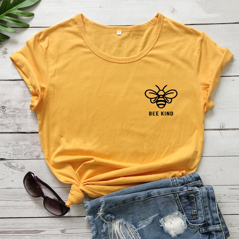 Bee kind, футболки с коротким рукавом, женские, эстетические, Kawaii, повседневные, с карманом, с принтом, футболка, хипстер, для девочек, футболка tumblr, хлопковые топы, Прямая поставка