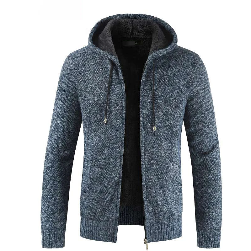 Winter Plus Velvet Sweater Men's Slim Warm Fashion Solid Color Casual Hooded Sweater Man Wild Knitted Sweater Jacket Men
