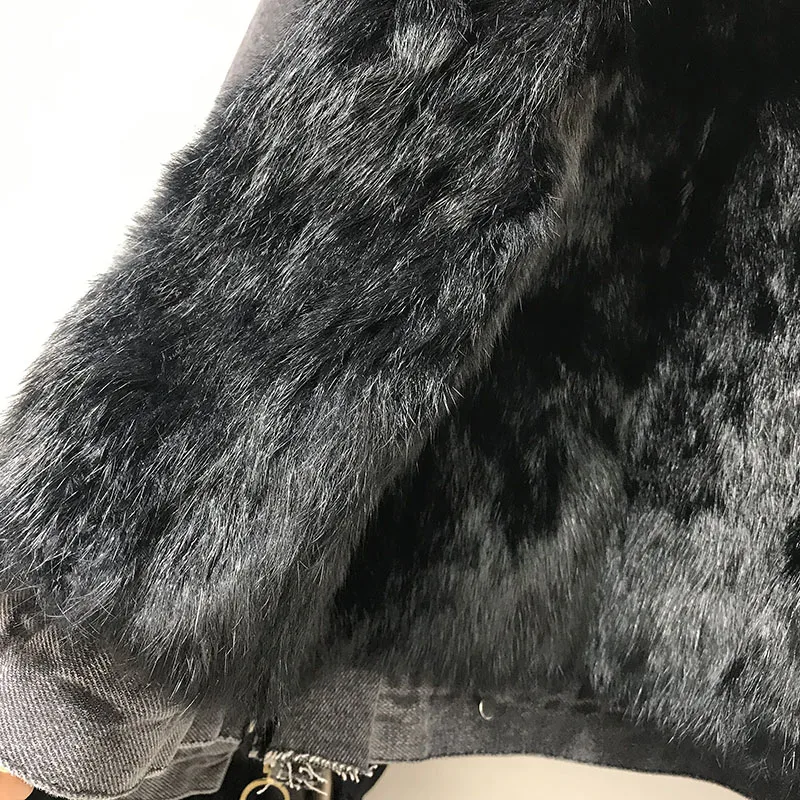 Зимняя короткая теплая съемная подкладка из кроличьего меха+ джинсовая куртка с воротником из натурального Лисьего меха женская Свободная Толстая Базовая женская джинсовая куртка пальто