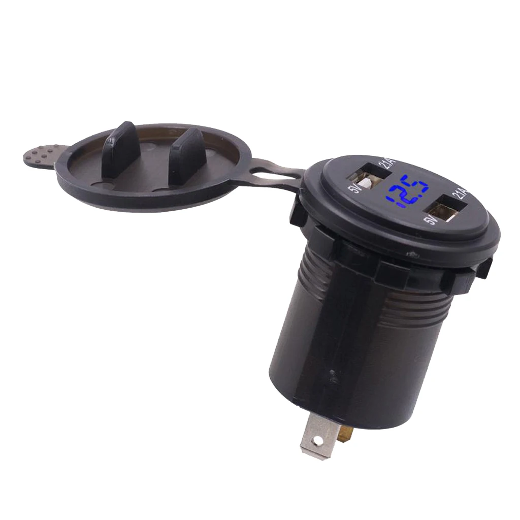 4.2A Dual USB Car Charger with Blue LED Digital Voltmeter for RV, Camper, Marine, Boat, Motorcycle, Truck, Golf Cart and More