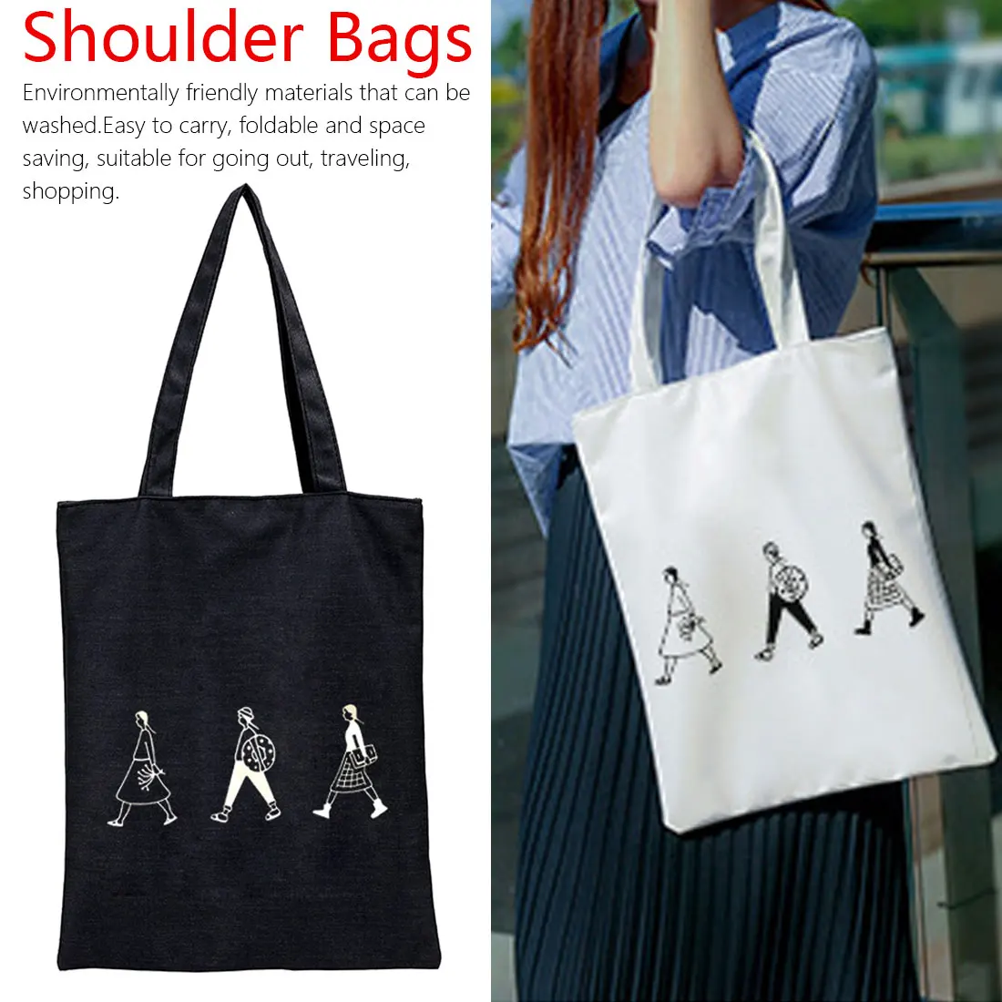Женские Черный и белый цвета холщовые сумки с принтом Хлопковый мешок сумка для покупок Для женщин экологический многоразовый Наплечные сумки для шоппинга