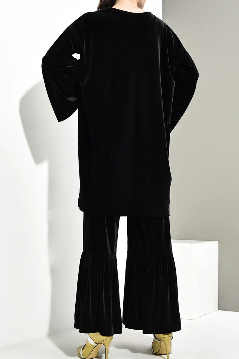 [EAM] New Spring Autumn Round Neck Long Sleeve Black Velevt Loose Wide Leg Pants Two Piece Suit Women Fashion Tide JY9040