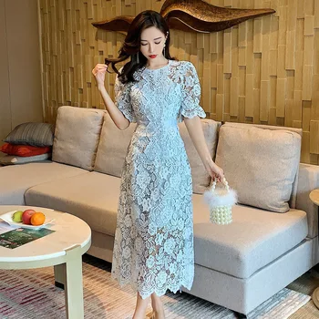 

Women Dress Spring French Vintage Court Wind Blue Lace Backless Dress Knee-Length Office Lady Zippers Sheath New 2020