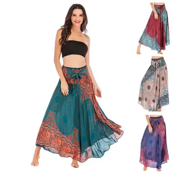 

2019 New Women's Summer Fashion Thai Cotton Silk Print Belly Dance Skirt Beach Holiday Ethnic Style Skirt