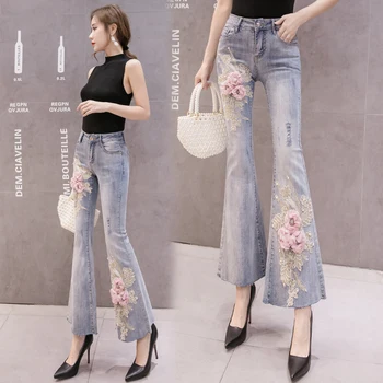 

Embroidered jeans 2020 spring new beaded flowers high waist was thin flared pants nine points pants women