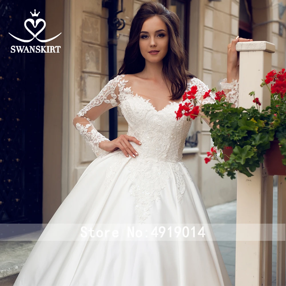 Роскошное бальное платье, свадебное платье,, Swanskirt, вышитая бисером аппликация, с рукавом, со шлейфом, свадебное платье принцессы, Robe de mariee SY09