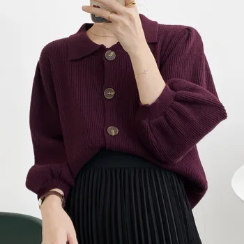 

Yeeloca Autumn Elegant Knitted Short Sweater Women's Casual Lantern Sleeve Single Breasted Cardigan French Vintage Knitted Top