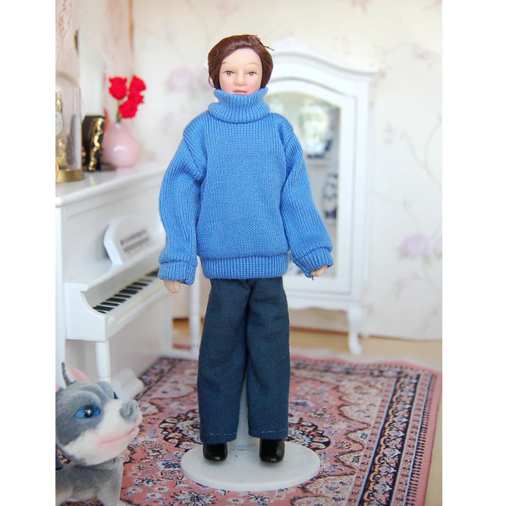 1/12 Dollhouse Miniature Porcelain Doll Young Modern Male in Blue Sweater and Pants