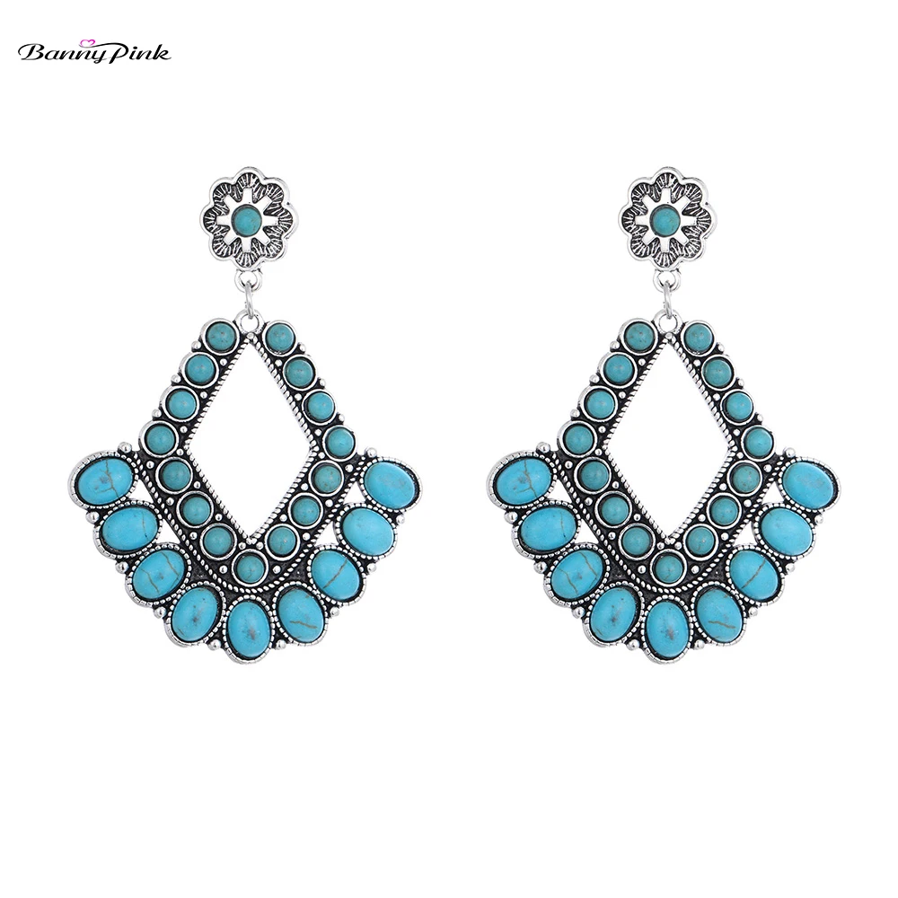 

Banny Pink Vintage Full Geometric Stone Statement Earrings For Women Indian Chandelier Stud Earrings Big Hollow Pendant Earrings