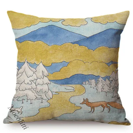 Impressionism Oil Painting Golden Riverside Forest Scenery Pattern Sofa Throw Pillows Sika Deer Rabbit Decorative Cushion Cover M189-3