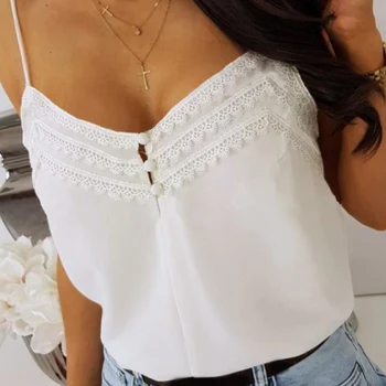 

V-neck Lace Patchwork Women Sling Tank Top Summer Casual Button Backless Female Vests Fashion Loose White Ladies Camisole 2020