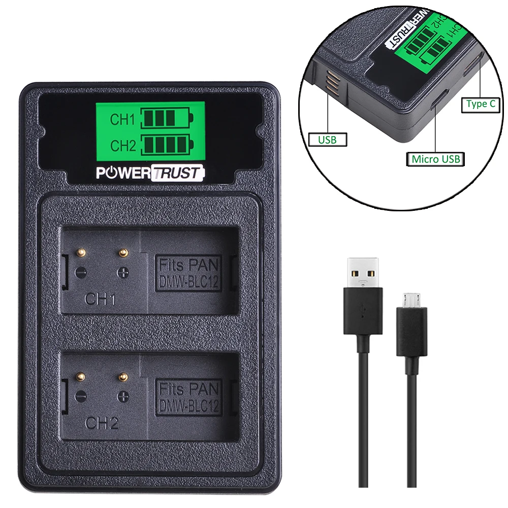 

PowerTrust DMW-BLC12 DMW-BLC12E BLC12GK BLC12PP Battery Charger For Panasonic Lumix DMC-FZ1000 FZ2000 DMC-G5 G6 G7 GX8 G85 GH2