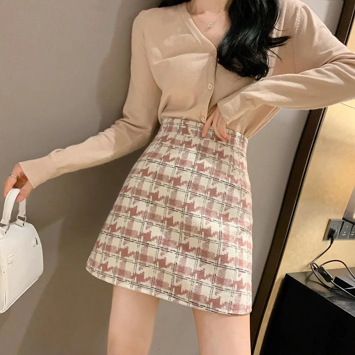 Houndstooth Plaid Skirts Women Vintage Autumn Short Wool Skirts Mini Korean Zipper Pencil Skirts Sexy Zipper High Waist W099