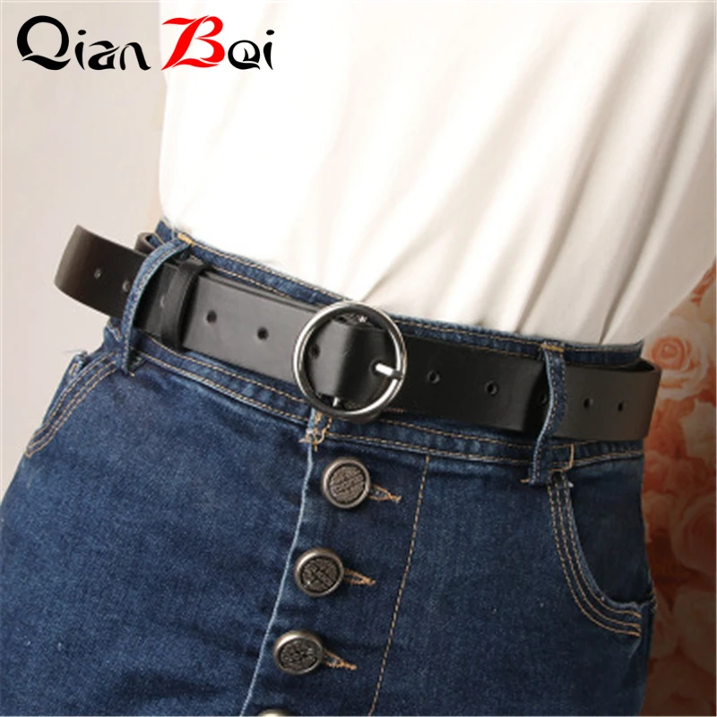 QianBei Wholesale 10pcs-Lots Round Buckle Ladies Belt Casual Student Jeans With Female Black Classic Wild Alloy Belt Woman
