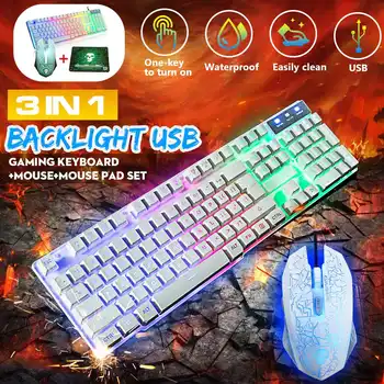 

2400DPI Optical Gaming Mouse Sets USB Wired Gaming Keyboard Pads LED Rainbow Backlit Ergonomic for Gamer PC Computer