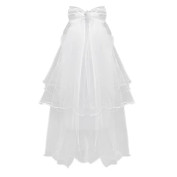 

Women Wedding Veil Dress White Bowknot Layers Tulle Ribbon Edge Bridal Veils