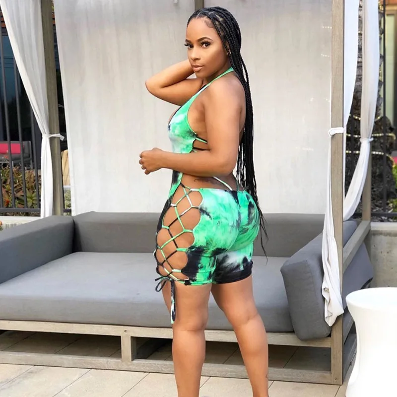 Hollow Out Tie-Dye Elastic Playsuit Women 2020 Sexy Evening Party Short Jumpsuit Rompers Summer Backless Bodycon Bodysuit Outfit