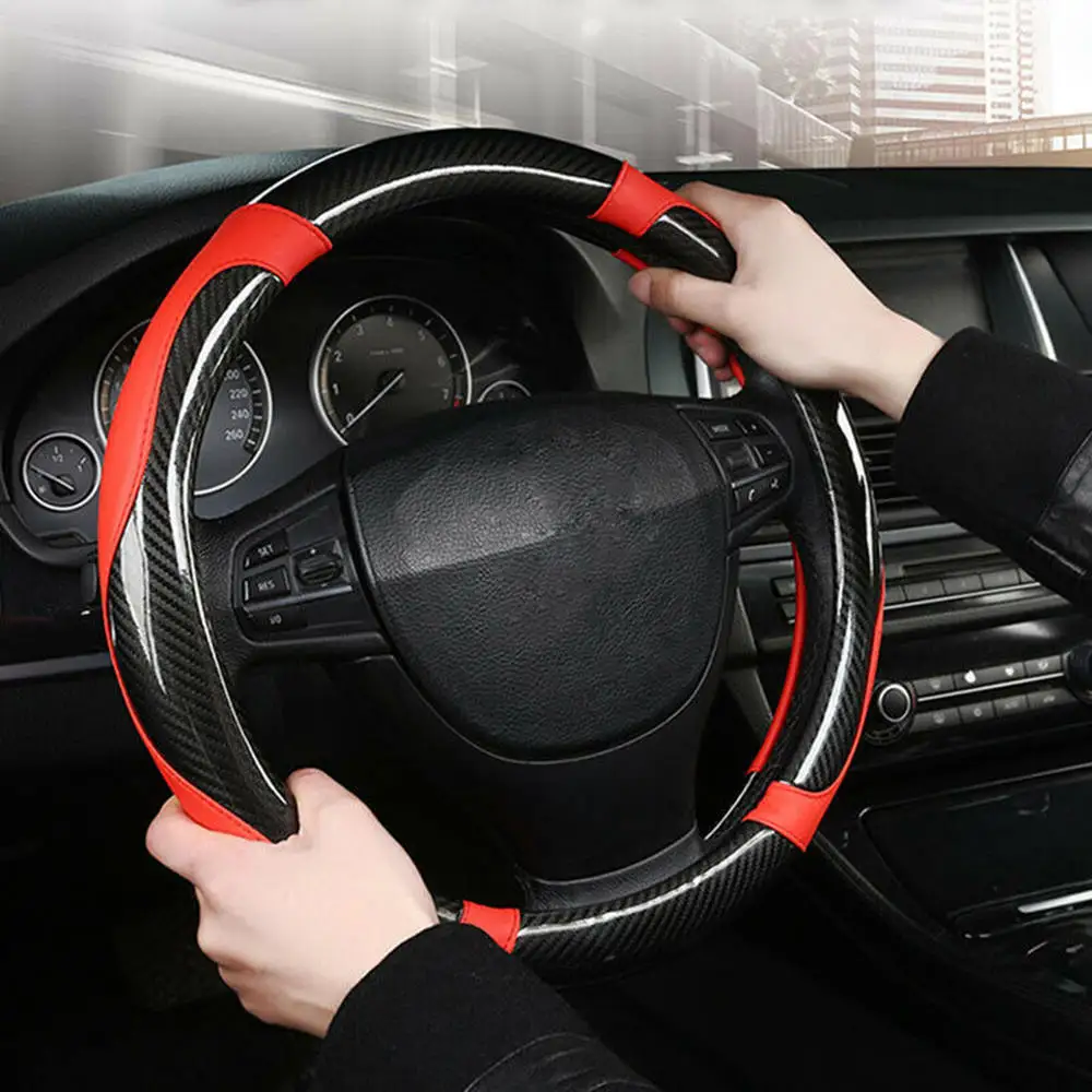 Универсальный чехол рулевого колеса автомобиля из углеродного волокна, красный, черный кожаный чехол 38 см