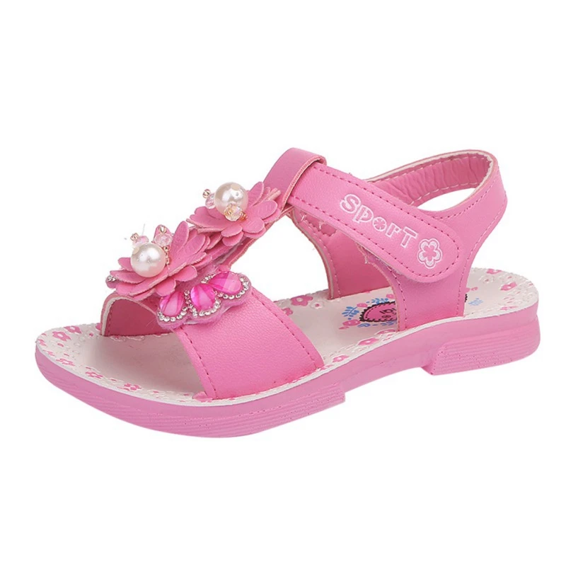 Летние сандалии для маленьких девочек; сандалии принцессы на мягкой подошве с жемчугом и цветочным узором; Повседневная дышащая Нескользящая прогулочная обувь