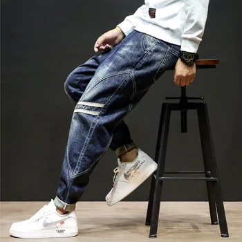 

High Quality Loose Stripe Leisure stitch washed jean Blue Pocket Haren trouser Fashion Black Retro Denim Men Harajuku Solid Pant